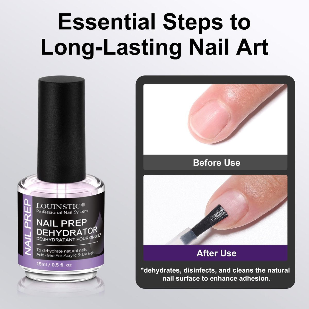 LOUINSTIC Acid-Free Nail Dehydrator 15ml – Fast Air-Dry Nail Prep for Acrylic, UV Gel & Gel Polish. Hema-Free Dehydrator Base Coat, No Burn, Low-Odor. Salon & DIY Use - görsel 3