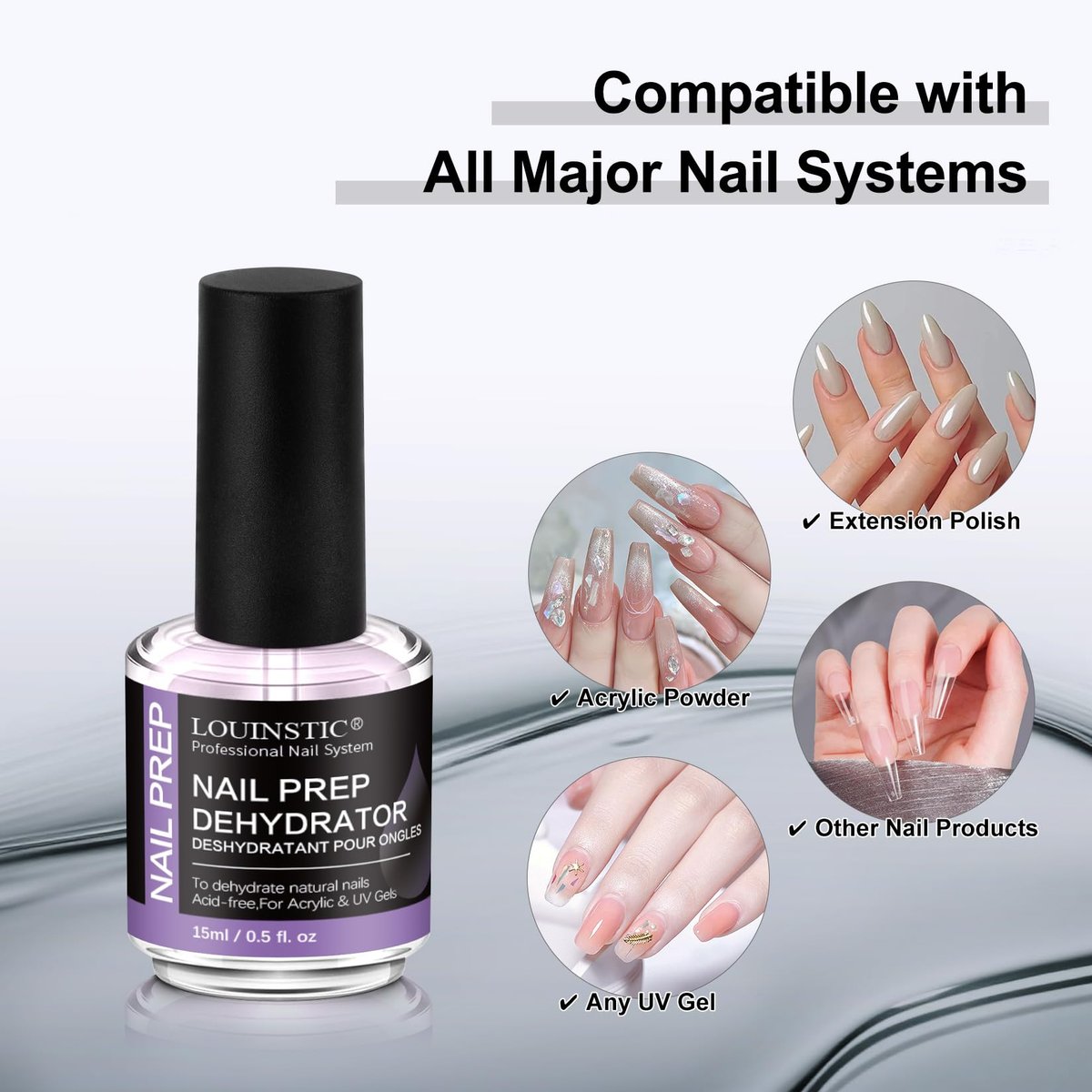 LOUINSTIC Acid-Free Nail Dehydrator 15ml – Fast Air-Dry Nail Prep for Acrylic, UV Gel & Gel Polish. Hema-Free Dehydrator Base Coat, No Burn, Low-Odor. Salon & DIY Use - görsel 5