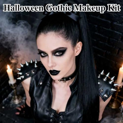 Black Eyeshadow Palette Liquid Lipstick Eyeliner Set with Mini Brush - Smokey Eye Shadow & Black Lip Gloss Lip Liner Set, Smudge Proof Long-lasting for Halloween Cosplay Goth Witch Makeup