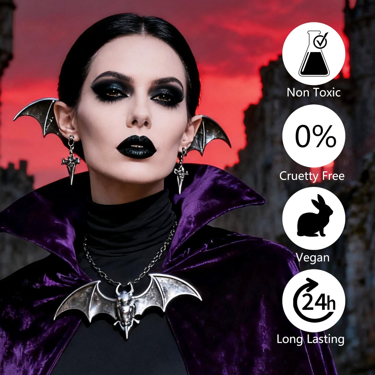 Black Eyeshadow Palette Liquid Lipstick Eyeliner Set with Mini Brush - Smokey Eye Shadow & Black Lip Gloss Lip Liner Set, Smudge Proof Long-lasting for Halloween Cosplay Goth Witch Makeup - görsel 11