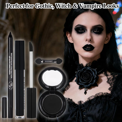 Black Eyeshadow Palette Liquid Lipstick Eyeliner Set with Mini Brush - Smokey Eye Shadow & Black Lip Gloss Lip Liner Set, Smudge Proof Long-lasting for Halloween Cosplay Goth Witch Makeup