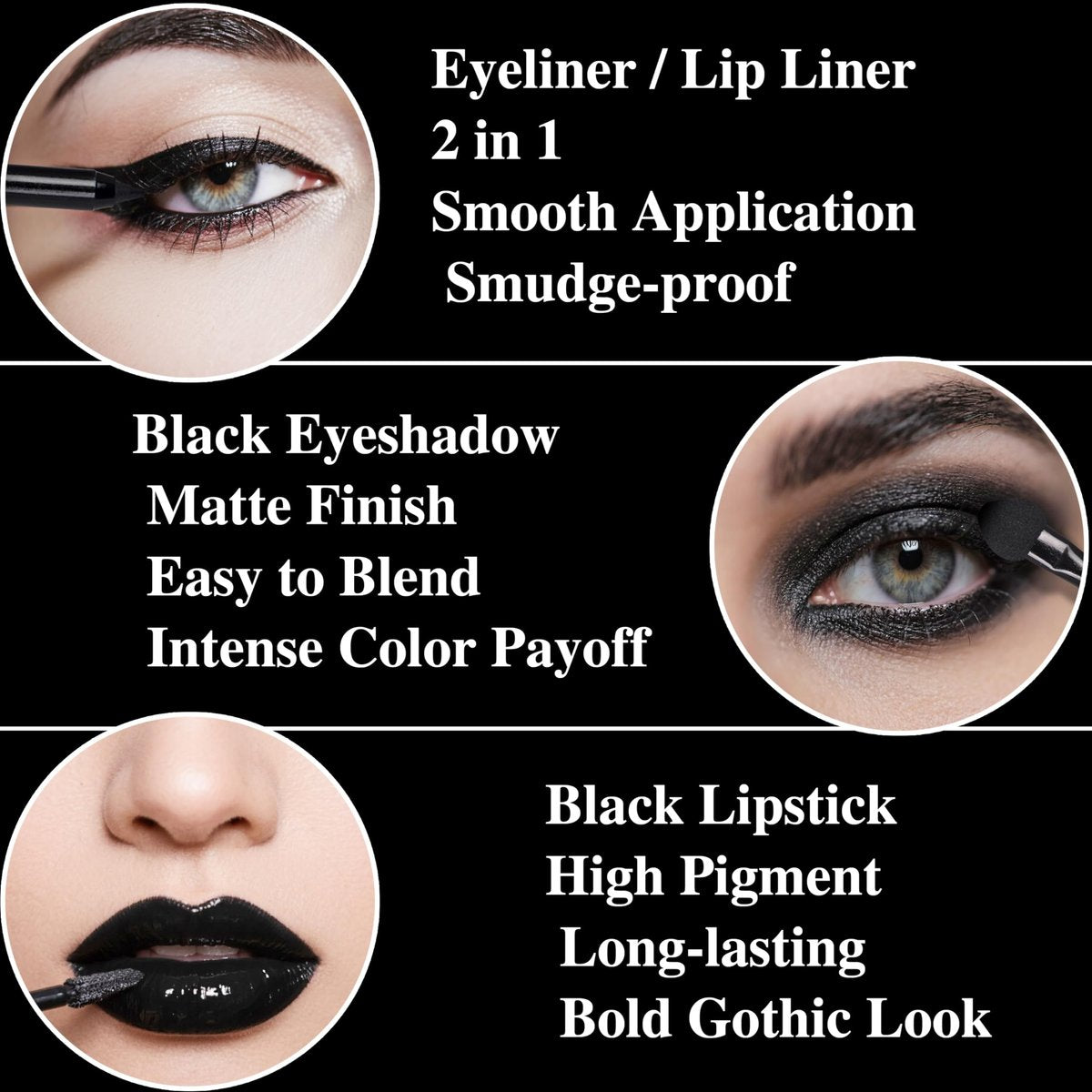 Black Eyeshadow Palette Liquid Lipstick Eyeliner Set with Mini Brush - Smokey Eye Shadow & Black Lip Gloss Lip Liner Set, Smudge Proof Long-lasting for Halloween Cosplay Goth Witch Makeup - görsel 9