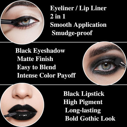 Black Eyeshadow Palette Liquid Lipstick Eyeliner Set with Mini Brush - Smokey Eye Shadow & Black Lip Gloss Lip Liner Set, Smudge Proof Long-lasting for Halloween Cosplay Goth Witch Makeup