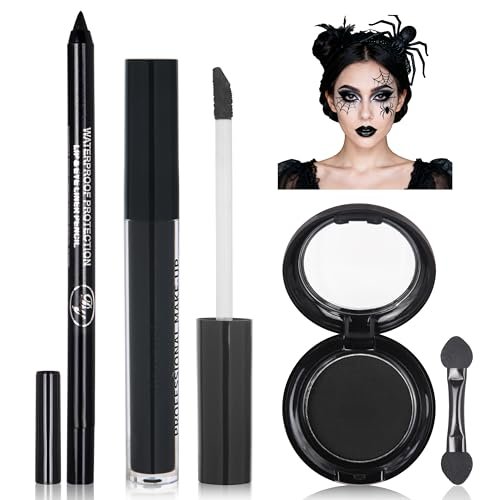 Black Eyeshadow Palette Liquid Lipstick Eyeliner Set with Mini Brush - Smokey Eye Shadow & Black Lip Gloss Lip Liner Set, Smudge Proof Long-lasting for Halloween Cosplay Goth Witch Makeup - görsel 2