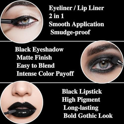 Black Eyeshadow Palette Liquid Lipstick Eyeliner Set with Mini Brush - Smokey Eye Shadow & Black Lip Gloss Lip Liner Set, Smudge Proof Long-lasting for Halloween Cosplay Goth Witch Makeup
