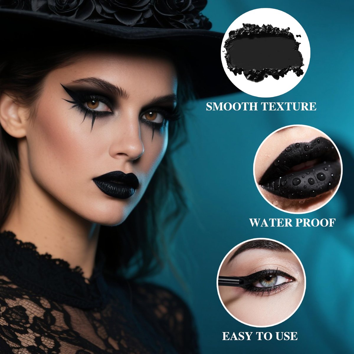 Black Eyeshadow Palette Liquid Lipstick Eyeliner Set with Mini Brush - Smokey Eye Shadow & Black Lip Gloss Lip Liner Set, Smudge Proof Long-lasting for Halloween Cosplay Goth Witch Makeup - görsel 7