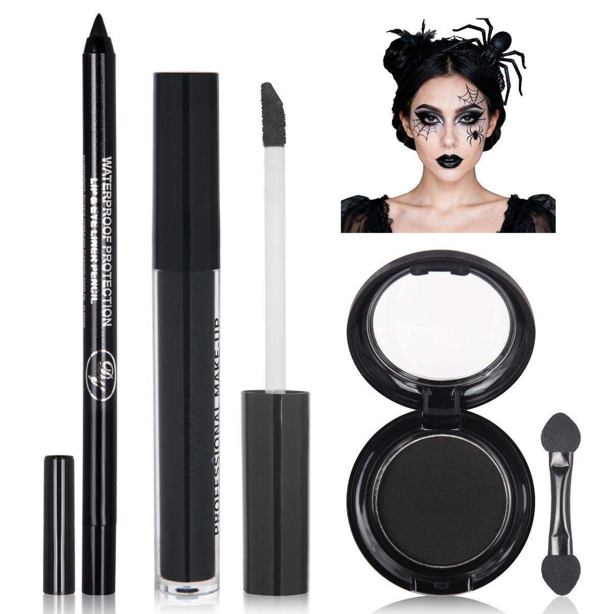 Black Eyeshadow Palette Liquid Lipstick Eyeliner Set with Mini Brush - Smokey Eye Shadow & Black Lip Gloss Lip Liner Set, Smudge Proof Long-lasting for Halloween Cosplay Goth Witch Makeup - görsel 1
