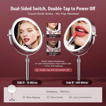 tubbede Makeup Mirror – 9" Double Sided Magnifying Mirror with 1X/30X Magnification, 3-Level LED Lights, Rechargeable 5000 mAh, 360° Rotation, Chrome Finish Avelisse
