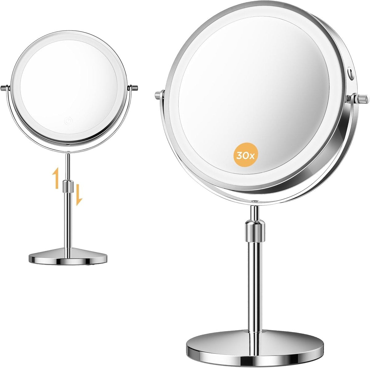 tubbede Makeup Mirror – 9" Double Sided Magnifying Mirror with 1X/30X Magnification, 3-Level LED Lights, Rechargeable 5000 mAh, 360° Rotation, Chrome Finish Avelisse