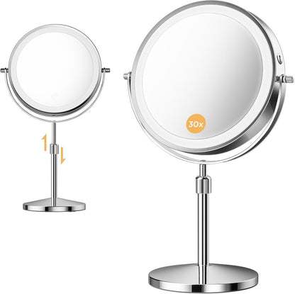 tubbede Makeup Mirror – 9" Double Sided Magnifying Mirror with 1X/30X Magnification, 3-Level LED Lights, Rechargeable 5000 mAh, 360° Rotation, Chrome Finish Avelisse