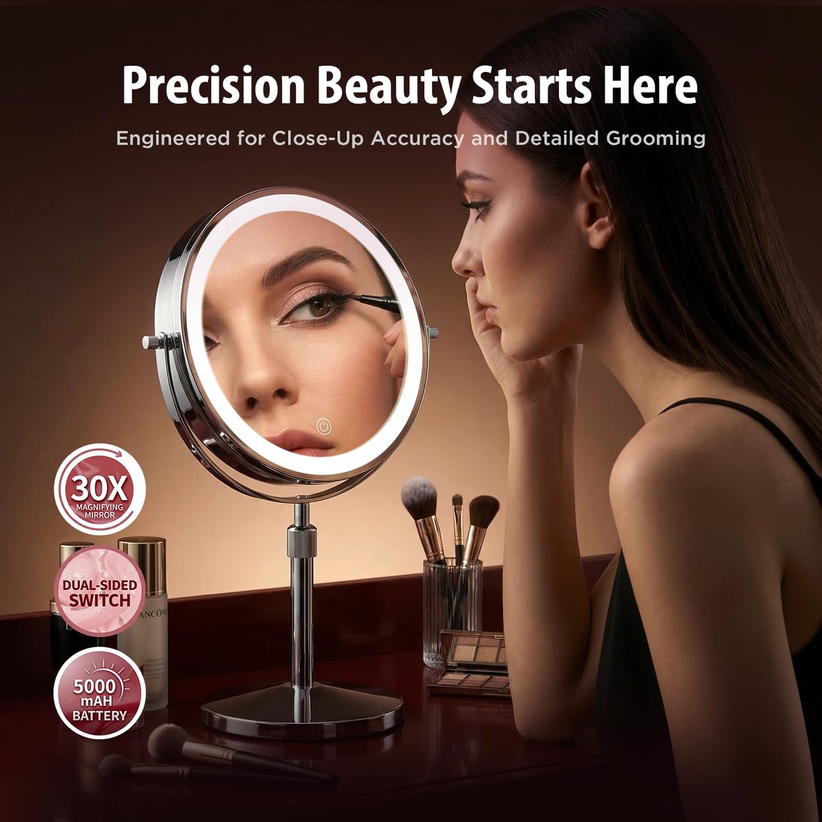 tubbede Makeup Mirror – 9" Double Sided Magnifying Mirror with 1X/30X Magnification, 3-Level LED Lights, Rechargeable 5000 mAh, 360° Rotation, Chrome Finish Avelisse