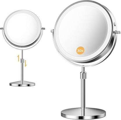 tubbede Makeup Mirror – 9" Double Sided Magnifying Mirror with 1X/30X Magnification, 3-Level LED Lights, Rechargeable 5000 mAh, 360° Rotation, Chrome Finish Avelisse