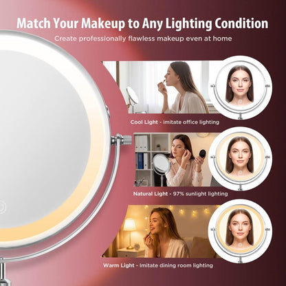 tubbede Makeup Mirror – 9" Double Sided Magnifying Mirror with 1X/30X Magnification, 3-Level LED Lights, Rechargeable 5000 mAh, 360° Rotation, Chrome Finish Avelisse