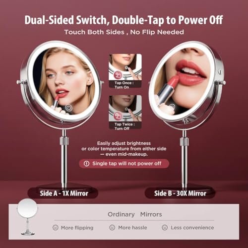 tubbede Makeup Mirror – 9" Double Sided Magnifying Mirror with 1X/30X Magnification, 3-Level LED Lights, Rechargeable 5000 mAh, 360° Rotation, Chrome Finish Avelisse