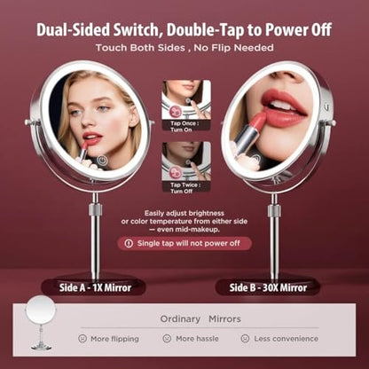 tubbede Makeup Mirror – 9" Double Sided Magnifying Mirror with 1X/30X Magnification, 3-Level LED Lights, Rechargeable 5000 mAh, 360° Rotation, Chrome Finish Avelisse