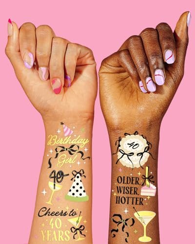 xo, Fetti 40th Birthday Temporary Tattoos - 46 Gold Foil Designs, 2 Sheets | Milestone Party Favors, Decor, Photo Booth Props Avelisse