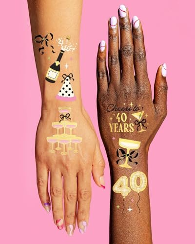 xo, Fetti 40th Birthday Temporary Tattoos - 46 Gold Foil Designs, 2 Sheets | Milestone Party Favors, Decor, Photo Booth Props Avelisse