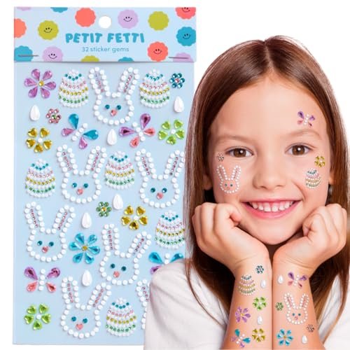 xo, Fetti Kids Easter Gem Set – 32 Sticker Set for Easter Crafts, Spring, Bunny, Eggs, Butterfly, Pastel Jewels & Face Body Art Avelisse