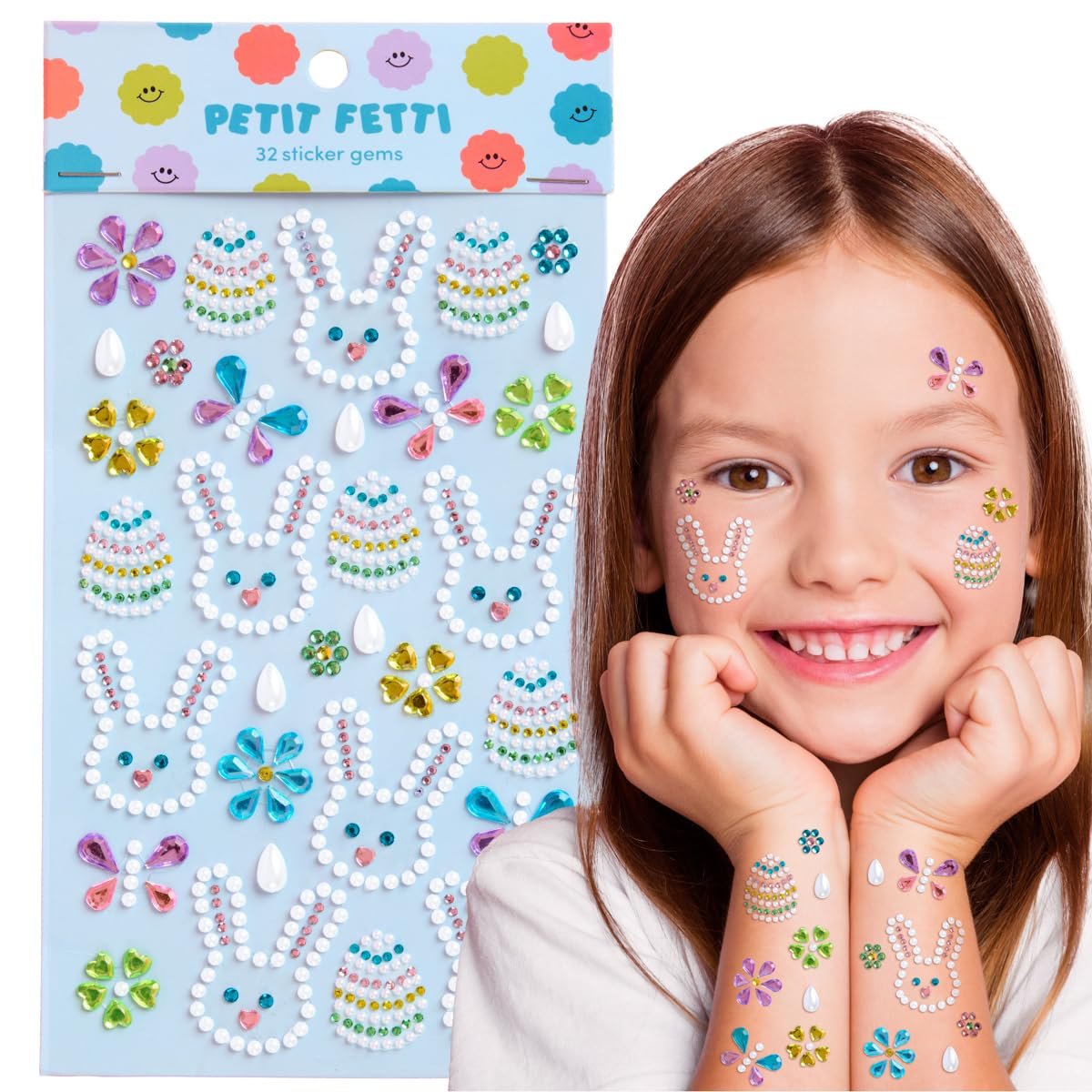 xo, Fetti Kids Easter Gem Set – 32 Sticker Set for Easter Crafts, Spring, Bunny, Eggs, Butterfly, Pastel Jewels & Face Body Art Avelisse