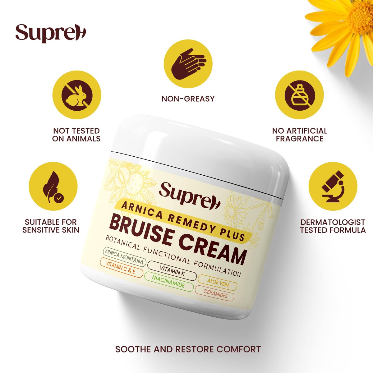 SupreH Arnica Bruise Cream Extra Strength with Vitamin K, C, E, Niacinamide & Ceramide for Bruising, Swelling, Discoloration & Thin Skin - 1 oz Avelisse