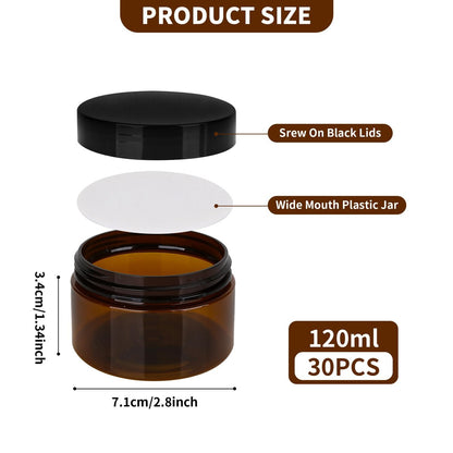Axigundaone 30-Pack 4oz Brown Plastic Jars with Lids - Refillable Cosmetic Containers for Powder, Liquid & Food Storage