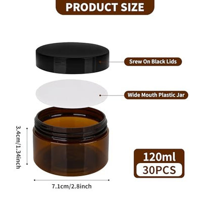 Axigundaone 30-Pack 4oz Brown Plastic Jars with Lids - Refillable Cosmetic Containers for Powder, Liquid & Food Storage