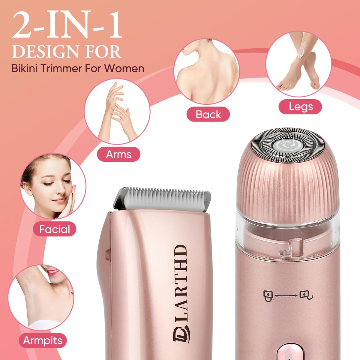 LARTHD 2 in 1 Women Electric Shaver - Dual Head Bikini Trimmer & Body Hair Remover, IPX7 Waterproof Wet & Dry Use for Bikini, Underarm, Leg, Arm, Body, Face (Pink) - görsel 3
