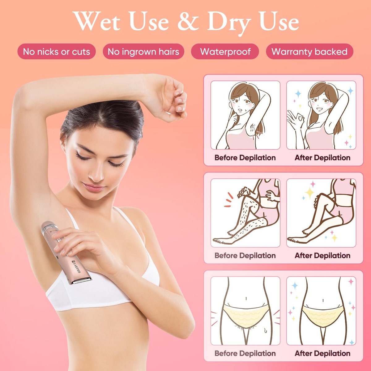 LARTHD 2 in 1 Women Electric Shaver - Dual Head Bikini Trimmer & Body Hair Remover, IPX7 Waterproof Wet & Dry Use for Bikini, Underarm, Leg, Arm, Body, Face (Pink) - görsel 11