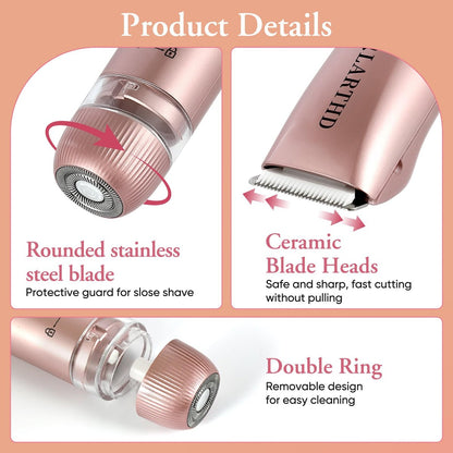 LARTHD 2 in 1 Women Electric Shaver - Dual Head Bikini Trimmer & Body Hair Remover, IPX7 Waterproof Wet & Dry Use for Bikini, Underarm, Leg, Arm, Body, Face (Pink)