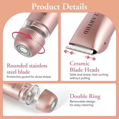 LARTHD 2 in 1 Women Electric Shaver - Dual Head Bikini Trimmer & Body Hair Remover, IPX7 Waterproof Wet & Dry Use for Bikini, Underarm, Leg, Arm, Body, Face (Pink)