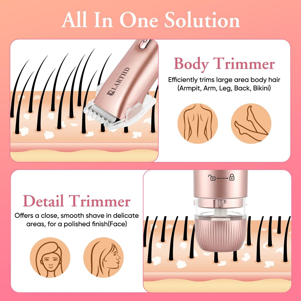 LARTHD 2 in 1 Women Electric Shaver - Dual Head Bikini Trimmer & Body Hair Remover, IPX7 Waterproof Wet & Dry Use for Bikini, Underarm, Leg, Arm, Body, Face (Pink) - görsel 13