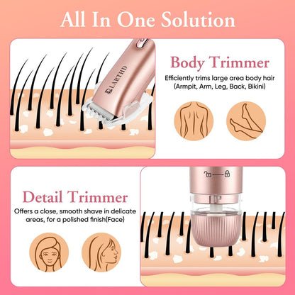 LARTHD 2 in 1 Women Electric Shaver - Dual Head Bikini Trimmer & Body Hair Remover, IPX7 Waterproof Wet & Dry Use for Bikini, Underarm, Leg, Arm, Body, Face (Pink)