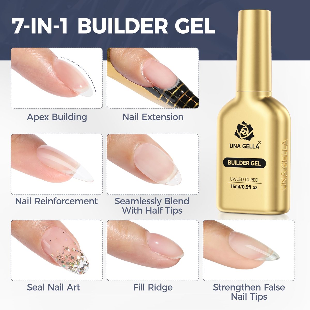 UNA GELLA 7-in-1 Clear Hard Builder Gel for Nails – Strengthener, Apex Building & Extension – LED Lamp Required (1 Fl Oz) - görsel 5