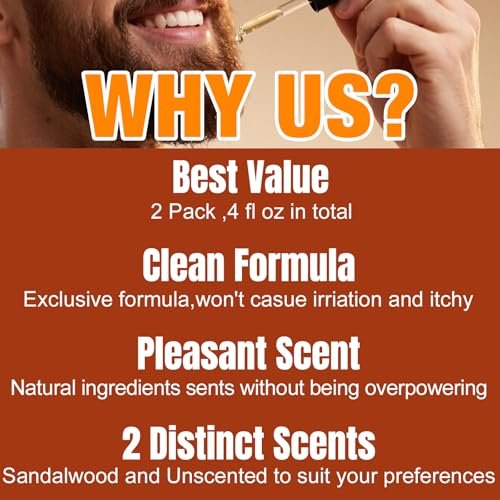 Beard Oil for Men, 4 Fl Oz, 2 Packs Natural Sandalwood & Unscented Beard Growth Oil with Vitamin E, Argan & Jojoba Oil, Softens, Moisturizes, Strengthens, Adds Shine, Reduces Frizz, No Fragrance Conditioner for Men Avelisse