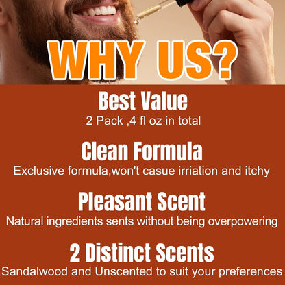 Beard Oil for Men, 4 Fl Oz, 2 Packs Natural Sandalwood & Unscented Beard Growth Oil with Vitamin E, Argan & Jojoba Oil, Softens, Moisturizes, Strengthens, Adds Shine, Reduces Frizz, No Fragrance Conditioner for Men Avelisse