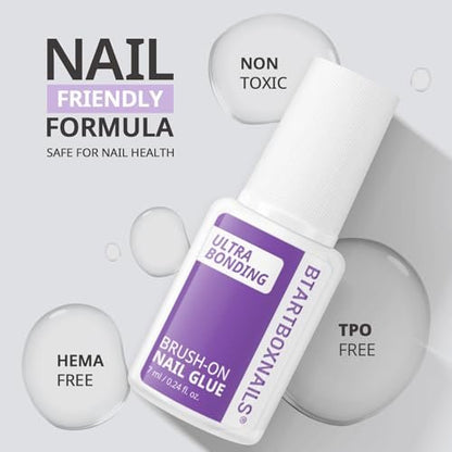 BTArtboxnails Nail Glue for Press Ons - Brush on Glue for Nail Tips & Acrylic Fake Nails, HEMA & TPO-free, Quick Air Dry & Long-Lasting, Mess-Free & Easy Application