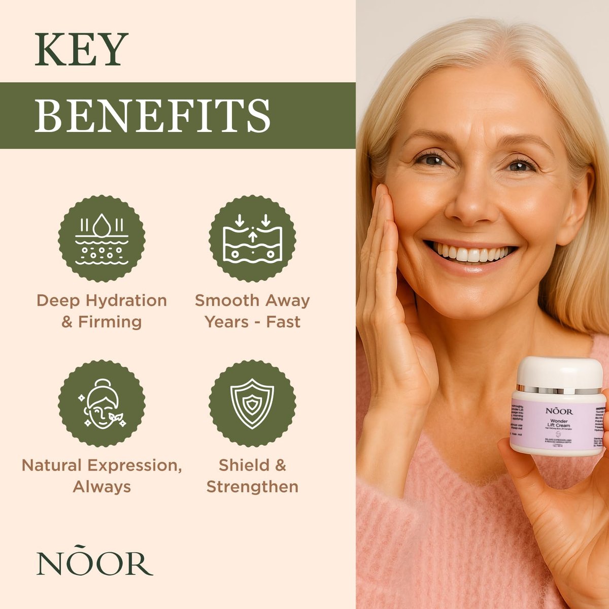 Noor Wonder Lift Cream for Women - Natural Anti-Aging Wrinkle Treatment with Syn-Ake Blend, 1 Fl Oz Avelisse