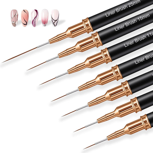 7-Piece Metallic Nail Art Brushes Set - Fine Liner Brushes for Nail Gel, Super Fine Painting Pens for Long-Line Patterns, Detailed Outlines, Geometric Shapes (Black)