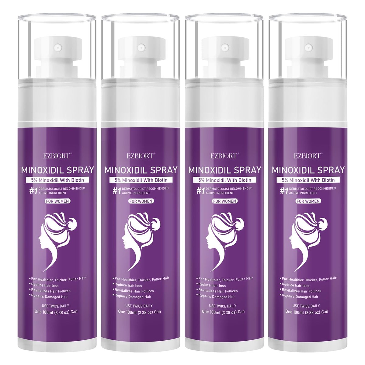 5% Minoxidil Spray for Women - 4 Pack, Hair Regrowth Treatment with Biotin, Supports Thicker & Fuller Hair (13oz, 7 Month Supply) Avelisse