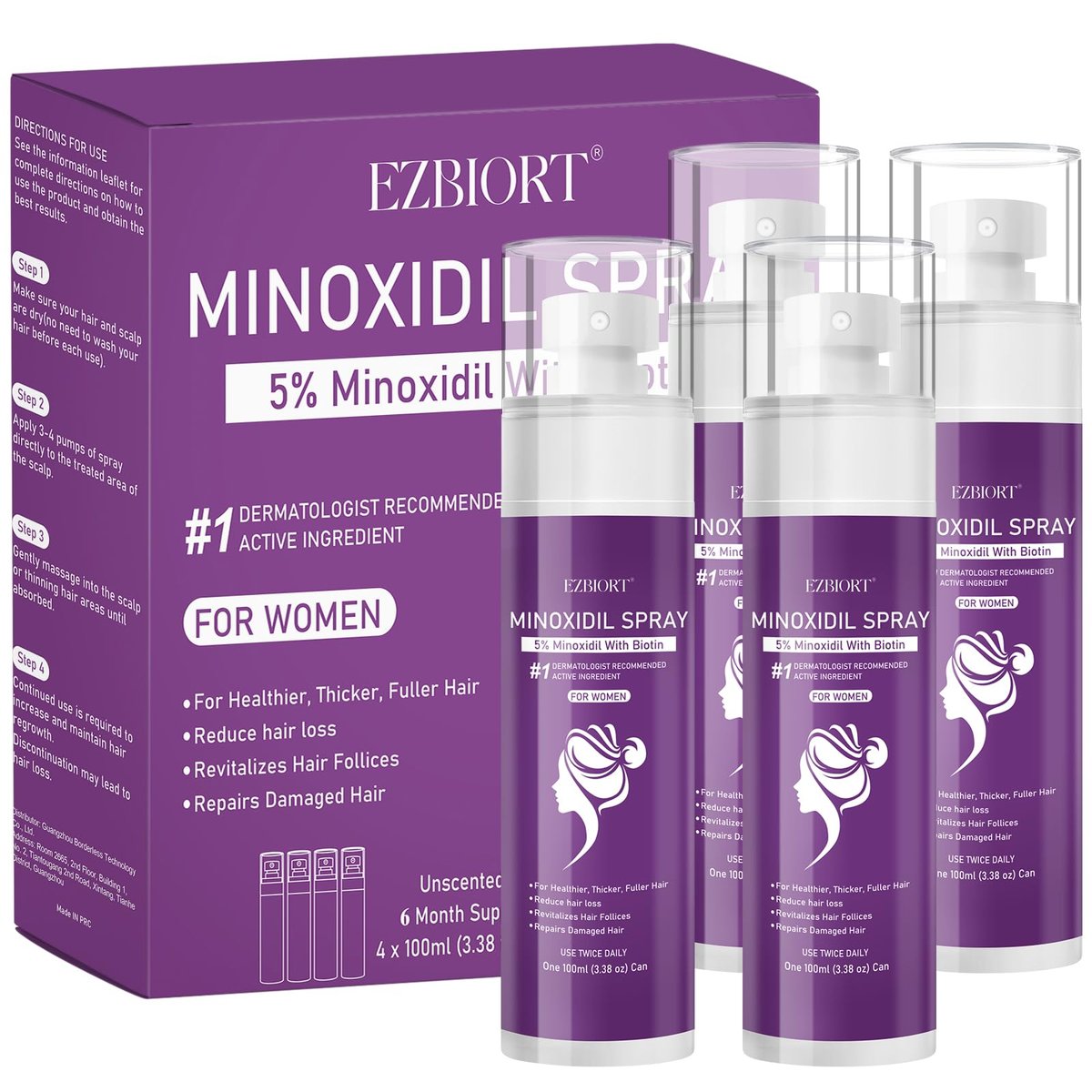5% Minoxidil Spray for Women - 4 Pack, Hair Regrowth Treatment with Biotin, Supports Thicker & Fuller Hair (13oz, 7 Month Supply) Avelisse