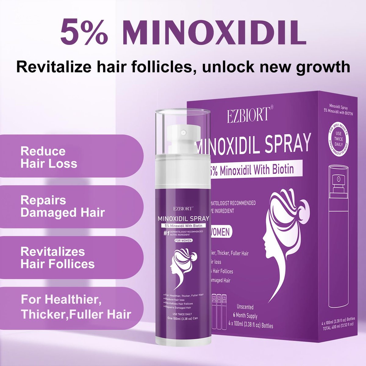 5% Minoxidil Spray for Women - 4 Pack, Hair Regrowth Treatment with Biotin, Supports Thicker & Fuller Hair (13oz, 7 Month Supply) Avelisse