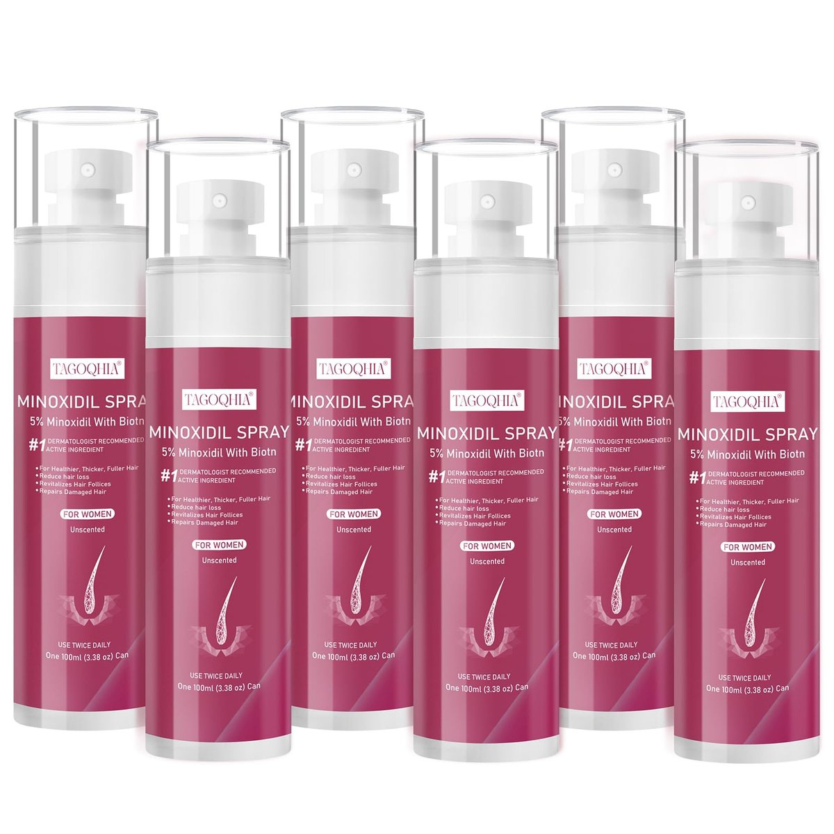 5% Minoxidil for Women Hair Regrowth Spray | Extra Strength with Biotin | 6 Bottles (100ml Each) Avelisse