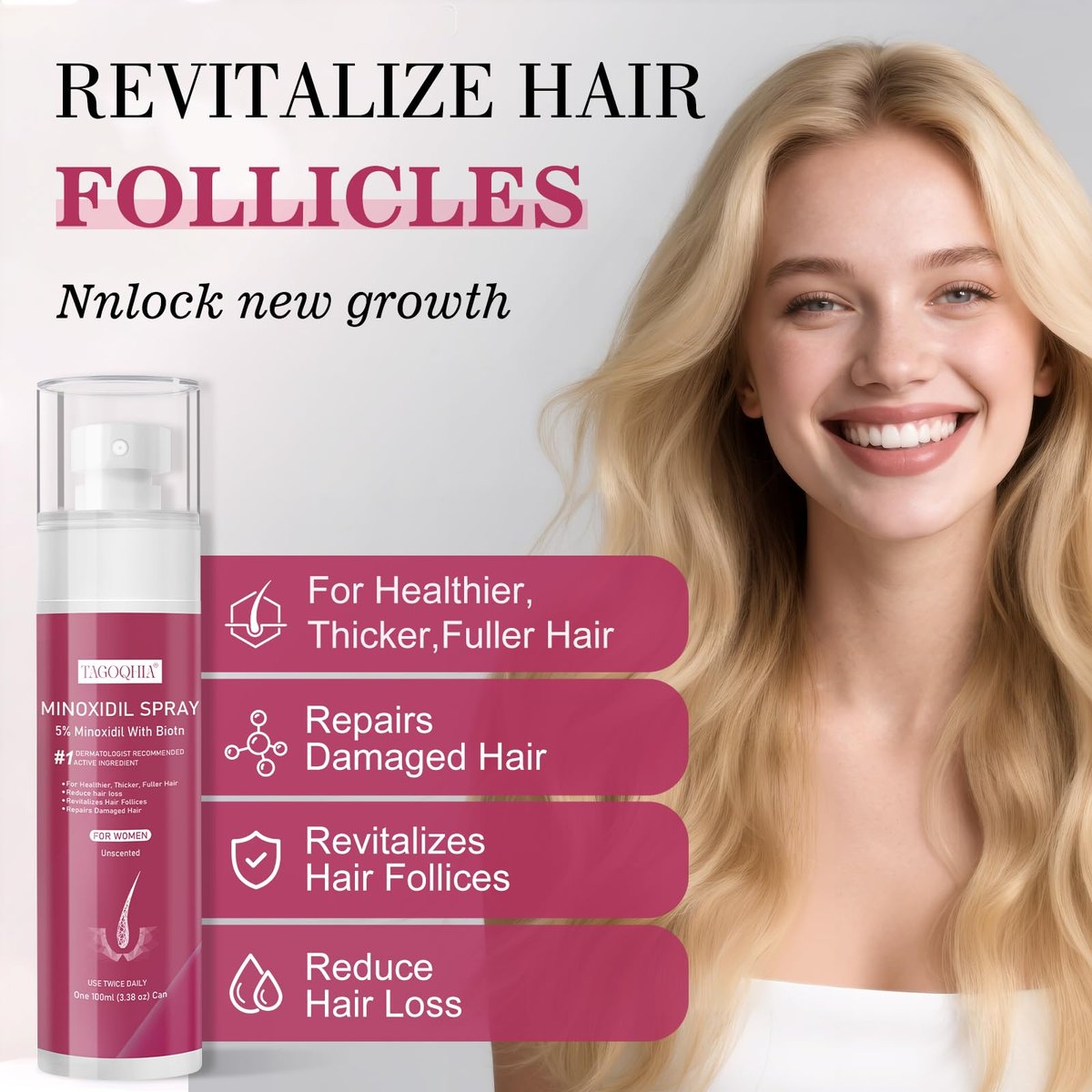5% Minoxidil Hair Regrowth Spray for Women with Biotin – Extra Strength Treatment for Hair Loss and Thinning (3 Bottles) Avelisse