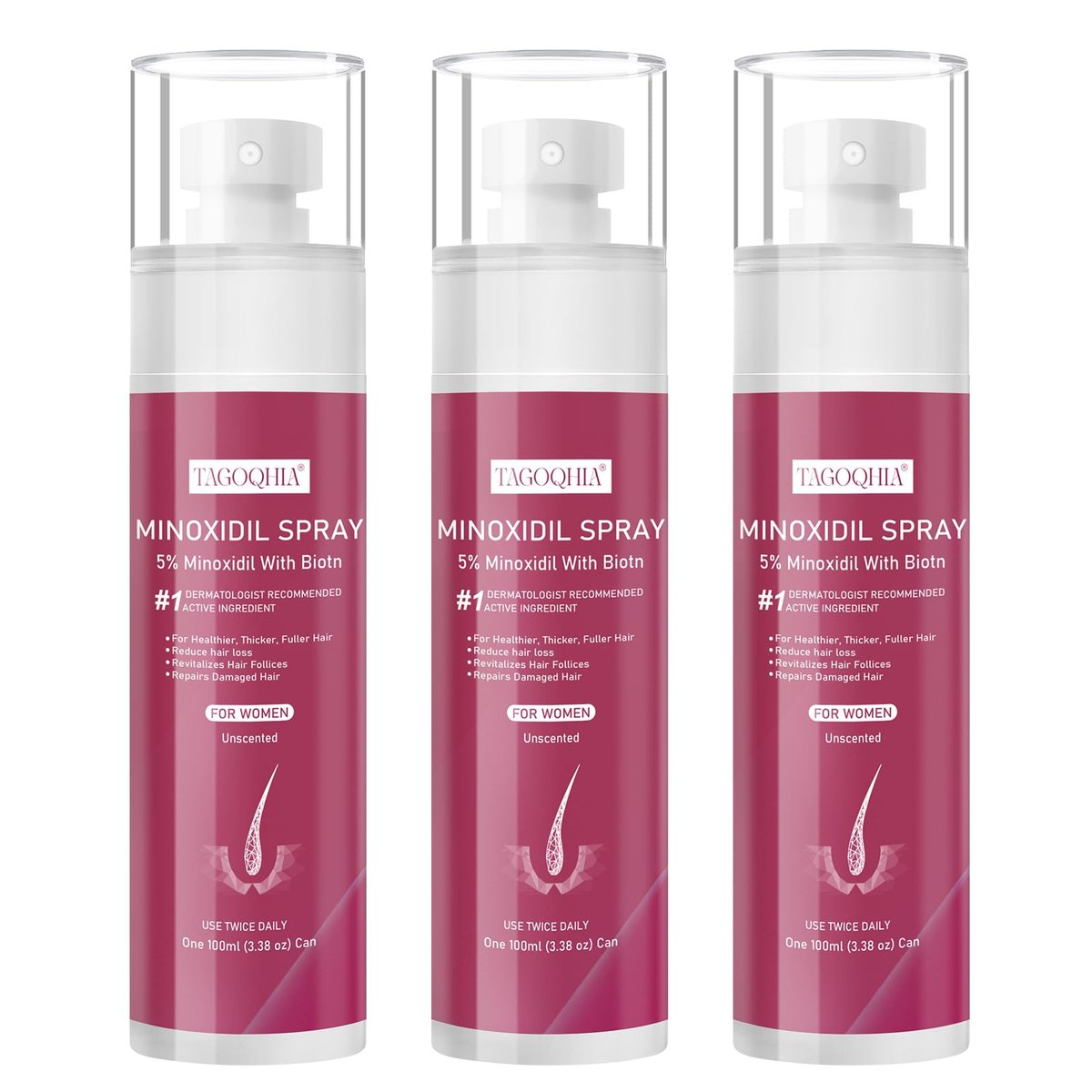 5% Minoxidil Hair Regrowth Spray for Women with Biotin – Extra Strength Treatment for Hair Loss and Thinning (3 Bottles) Avelisse