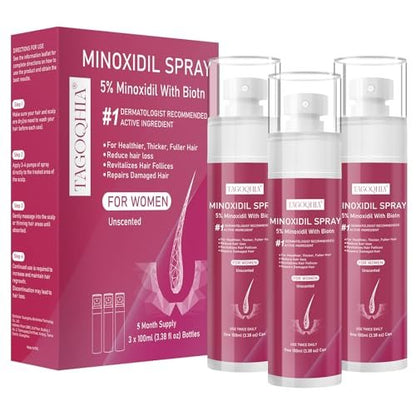 5% Minoxidil Hair Regrowth Spray for Women with Biotin – Extra Strength Treatment for Hair Loss and Thinning (3 Bottles) Avelisse