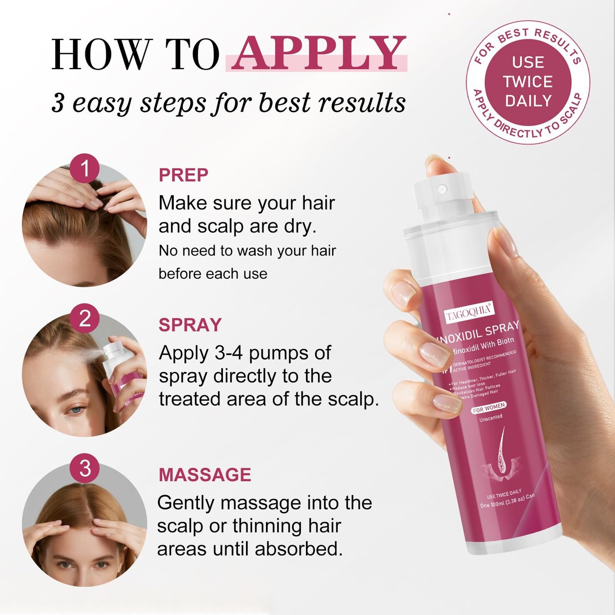 5% Minoxidil Hair Regrowth Spray for Women with Biotin – Extra Strength Treatment for Hair Loss and Thinning (3 Bottles) Avelisse