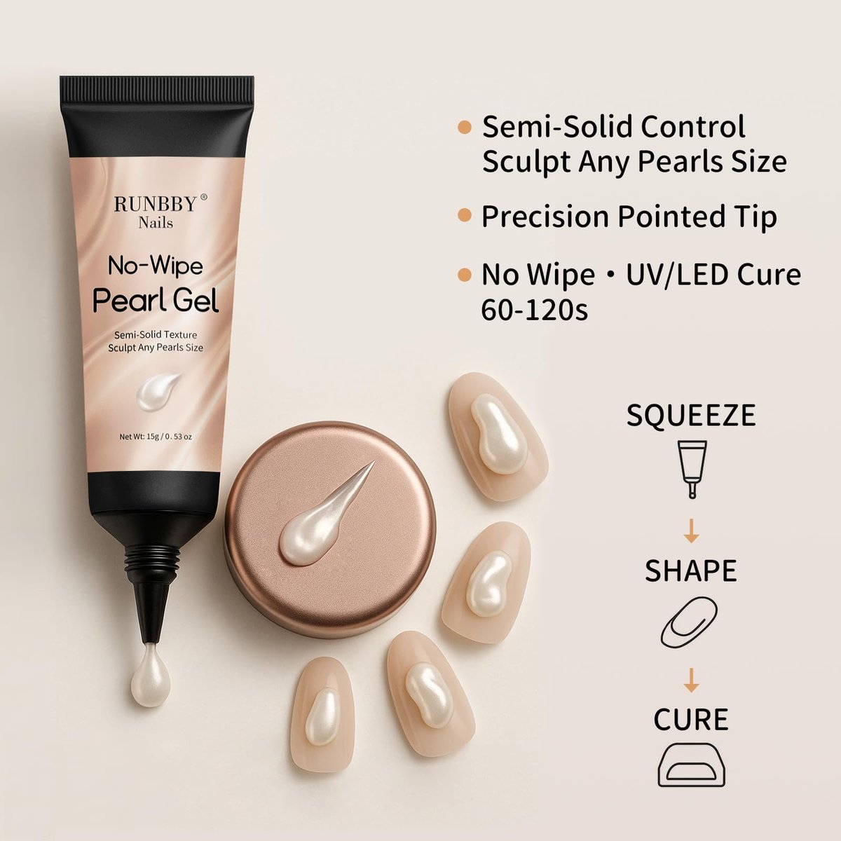 RUNBBY Pearl Nail Gel 15g - No-Wipe Nail Art Gel with Precision Nozzle Tube for Pearlescent & Metallic Effects, Semi-Solid 3D Sculpting Gel, UV/LED Cure - görsel 7