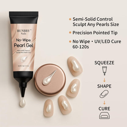 RUNBBY Pearl Nail Gel 15g - No-Wipe Nail Art Gel with Precision Nozzle Tube for Pearlescent & Metallic Effects, Semi-Solid 3D Sculpting Gel, UV/LED Cure