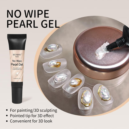 RUNBBY Pearl Nail Gel 15g - No-Wipe Nail Art Gel with Precision Nozzle Tube for Pearlescent & Metallic Effects, Semi-Solid 3D Sculpting Gel, UV/LED Cure