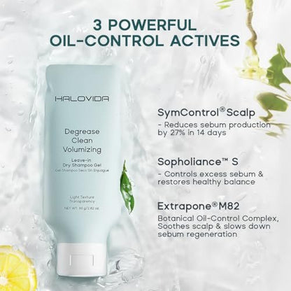 HALOVIDA Leave-in Dry Shampoo Gel - Instant Oil Absorption & Volume, Light Texture Transparency, Non-Aerosol, Safe & Clean with Natural Ingredients, 2.82 oz